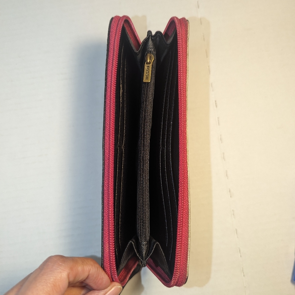 Fossil clutch Zip Around coin purse pink black  off white stripes polka dots - Picture 5 of 14